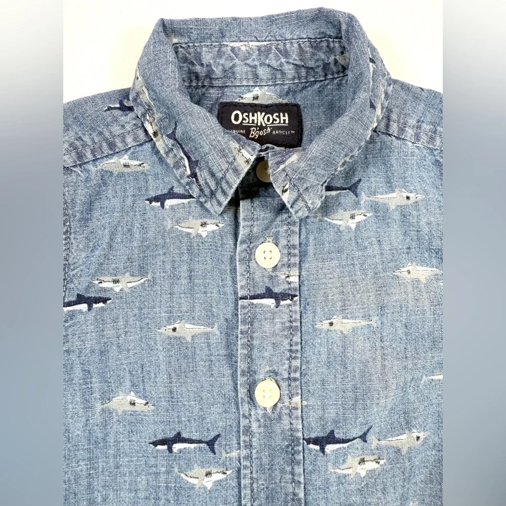 OSHKOSH B'GOSH Baby Boys' Shark Print‎ Chambray Nautical Button Down Size 12M